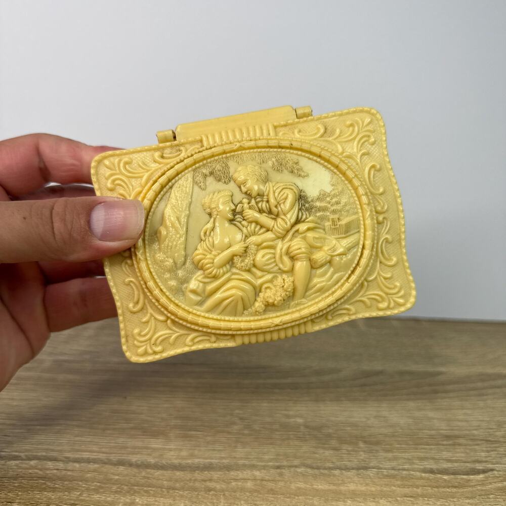 Vintage Celluloid Jewelry Box Ornate Victorian Style Trinket Box